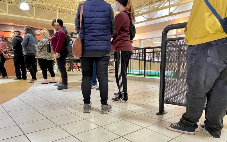 Feet are seen standing indoors in line