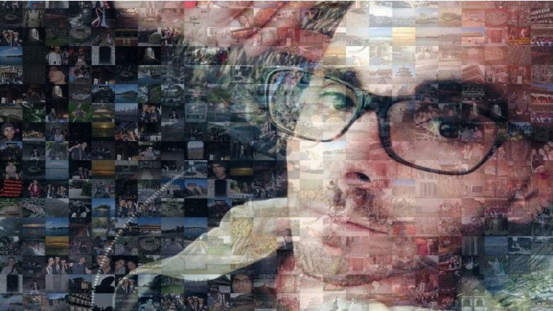 A main photo of a man with glasses. The image is made up of many smaller images of places around the world and friends.