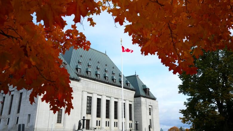 A government building from afar, with orange leaves above it.