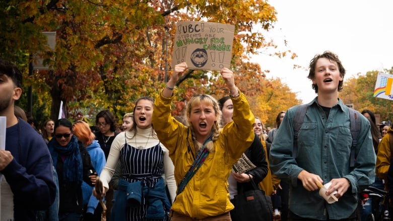 Dozens of students march along a tree-lined boulevard. One in the centre is holding up a sign that reads 'UBC YOUR STUDENTS ARE HUNGRY FOR CHANGE'.