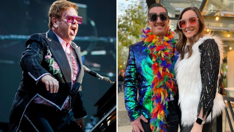 A composite of Elton John and a couple wearing feather boas and fancy clothes.