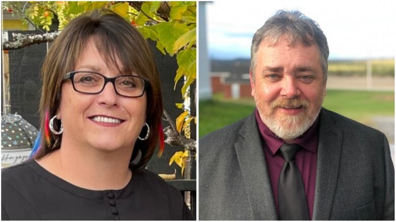 A collage photo. On the left, a woman with brown hair, glasses and earrings smiles on the camera. On the right, a man wearing with a grey beard wearing a grey blazer with a burgundy shirt smiles.