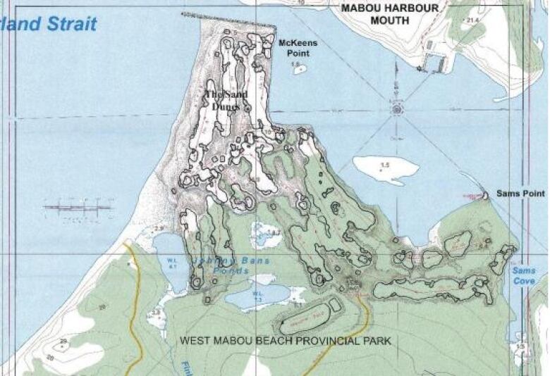 A drawing shows where a proposed golf course could be built on the coast in a provincial park.