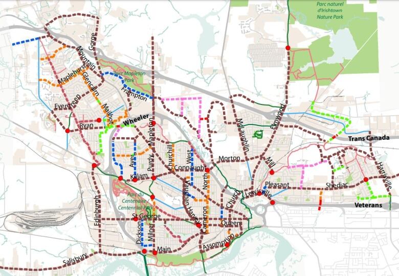 A map of Moncton streets with various dotted lines. 