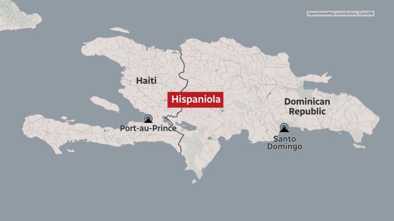 An illustrated map shows the island of Hispaniola 