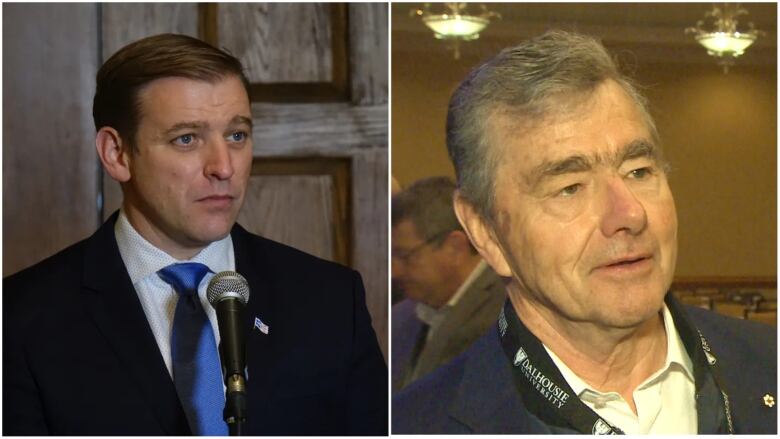 A collage of two photos. On the left, Premier Andrew Furey speaks with the media inside Confederation Building. On the right, an older man with grey hair speaks with a CBC reporter.