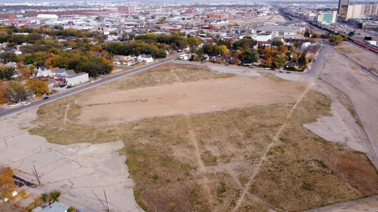 The site of the former Taylor Field in Regina, Sask., remains an empty dirt field more than five years after the football stadium was torn down. 