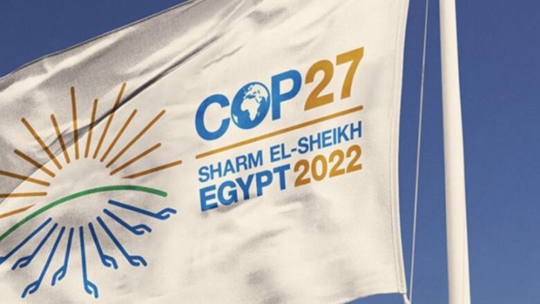 A white flag with the COP27 logo for the conference held in Sharm El-Sheikh, Egypt in 2022. The logo is similar to a sun on the top half, and roots on the bottom.