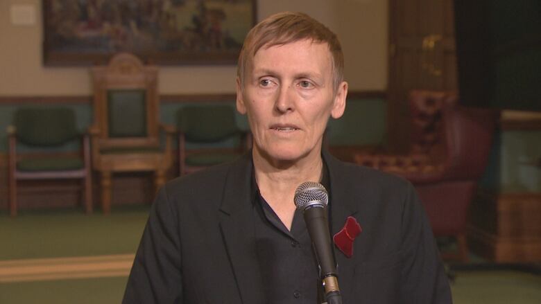 A woman wearing a poppy stands in front of a microphone to give an interview to journalists.