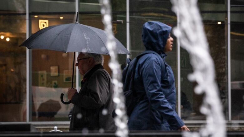 Two pedestrians head in opposite directions: a man in a black coat, holding a black umbrella, walks toward the left, while a person in a blue raincoat, hood above their head, walks toward the right.