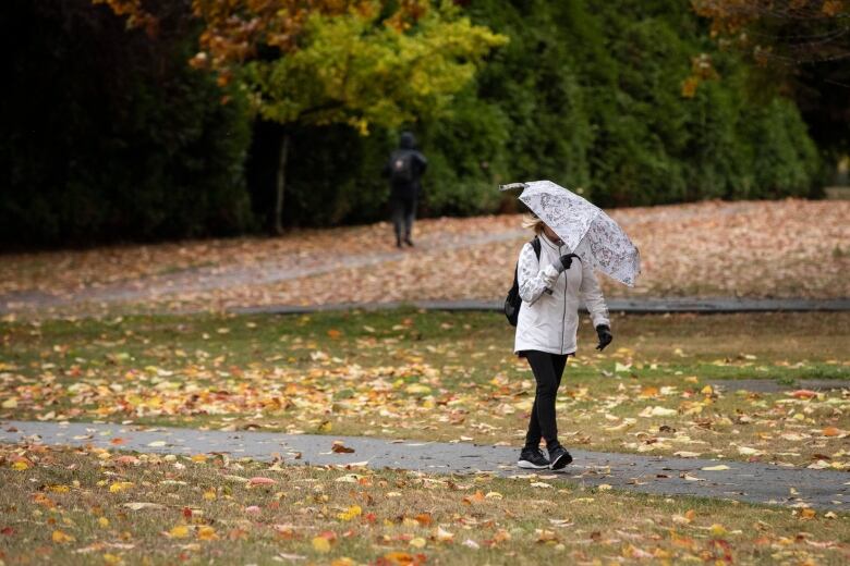 A woman holds a white umbrella over her head, seemingly pushed by the strong winds.