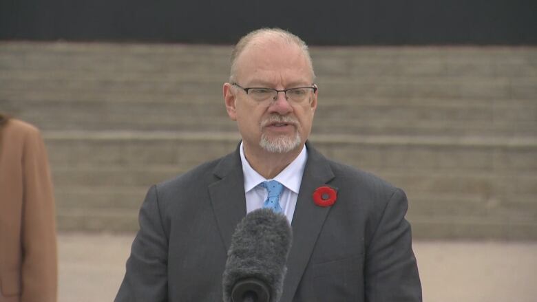 A man with glasses wears a suit with a poppy on the lapel. He speaks into a microphone outdoors in front of a set of stairs.