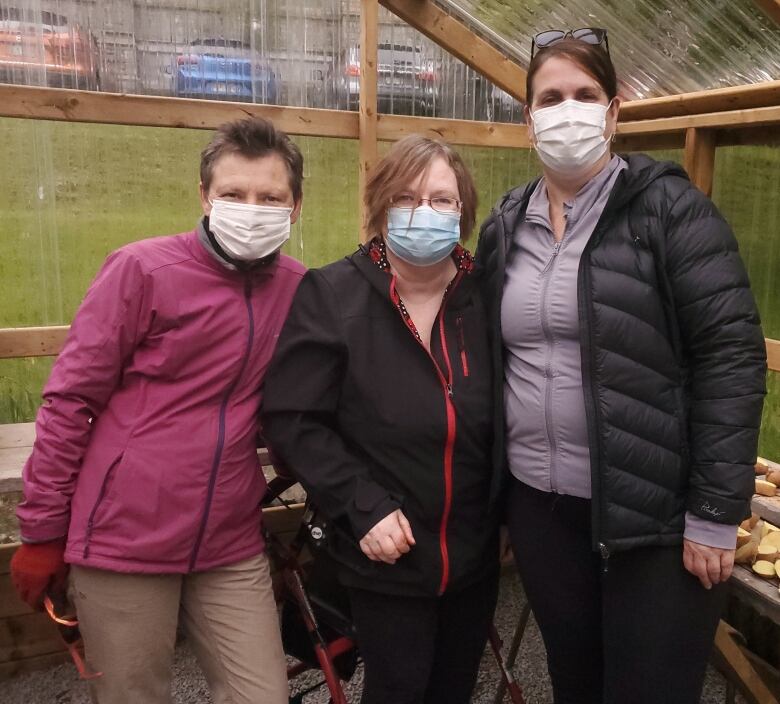 Three women wearing masks stand inside a glass greenhouse. Seed potatoes lie on a table to the right. 