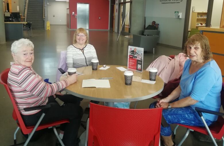 A group of three woman sit around a table drinking coffee. 