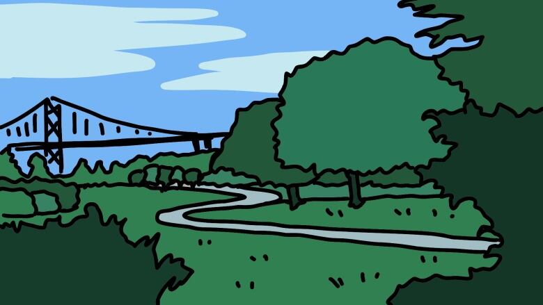 A graphic image of a wooded area with a bridge in the background