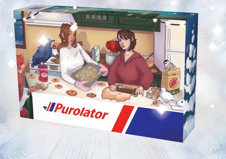 Cartoon drawing on the front of a Purolator box.