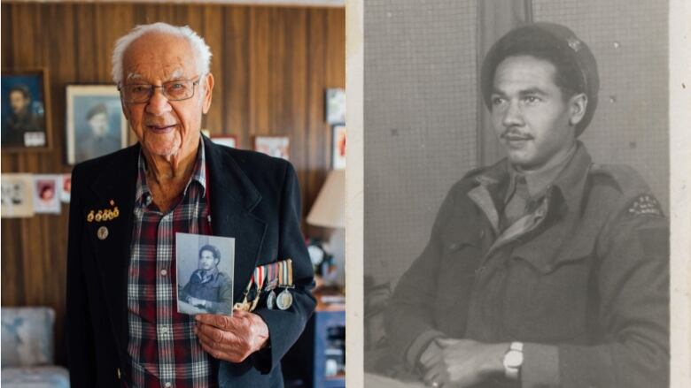 A veteran stands with medals on his jacket holding an old photograph of his younger self. The old photograph is seen as a side-by-side image. 