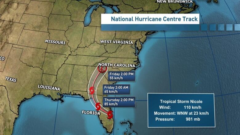 A diagram shows the track of tropical storm Nicole as it moves over Florida and towards North Carolina.