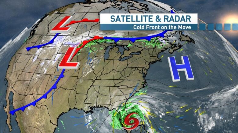 Satellite and radar diagram of Nicole as it hits landfall in Florida