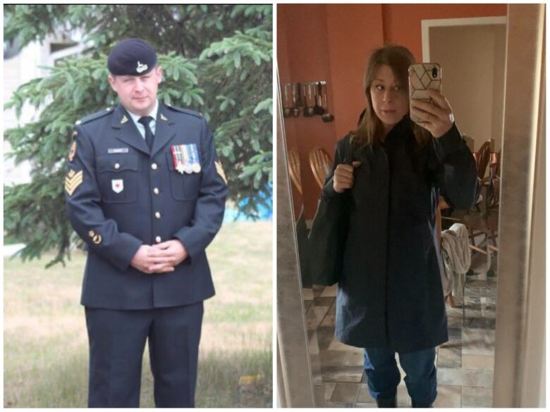 Two images, what appears to be a man in military uniform, and a woman in a raincoat. 