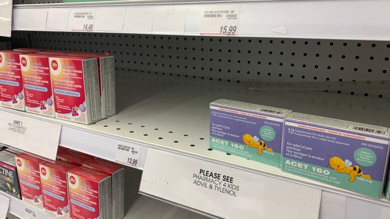 An empty shelf at a Regina-area pharmacy shows the ongoing shortage of children's pain medication in Saskatchewan and Canada. 