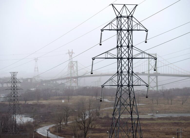 a power line in a field on a foggy day.