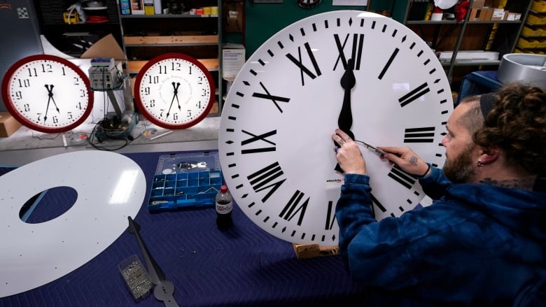 A man uses a tool to adjust the hands of a large analog clock.