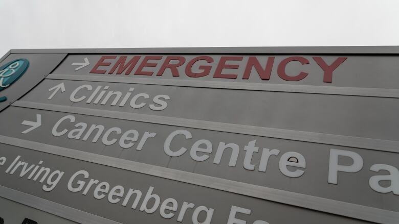 A sign pointing people to various hospital departments, with the emergency department at the top in red.