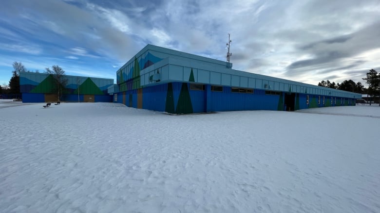 A low-lying elementary school building is painted in two tones of blue with stylized images of trees and mountains.