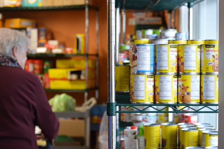 A shelf full of cans with a woman stocking a box