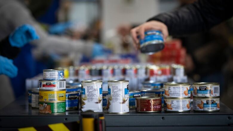 Canned food are lined up on a table. Hands in gloves are pictured on the left, and a bare hand - on the right, across the table - is pictured holding one tin of canned food. 