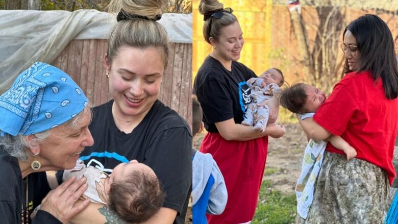 First photo: A mother smiles down at a baby she's cradling in her arms. Imelda Perley, an Indigenous Elder, stands next to her, also smiling down at the baby.  Second photo: Two mothers stand outside, each smiling down at a baby in their arms.