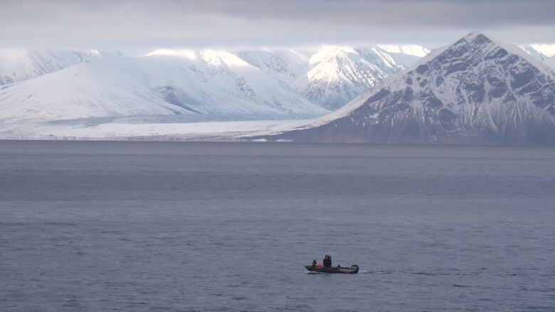 Lone boat in dark water, snowy mountain in background.