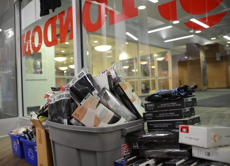 a pile of underwear sits in the CBC London newsroom 