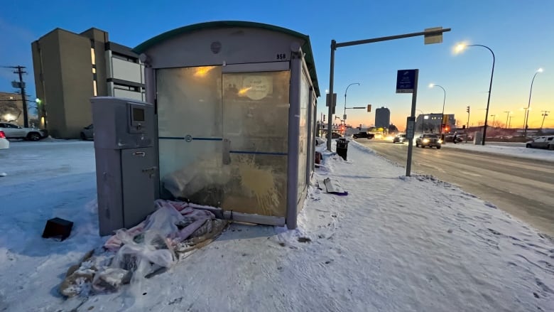 A bus shack with frosted windows is seen on a cold winter morning.