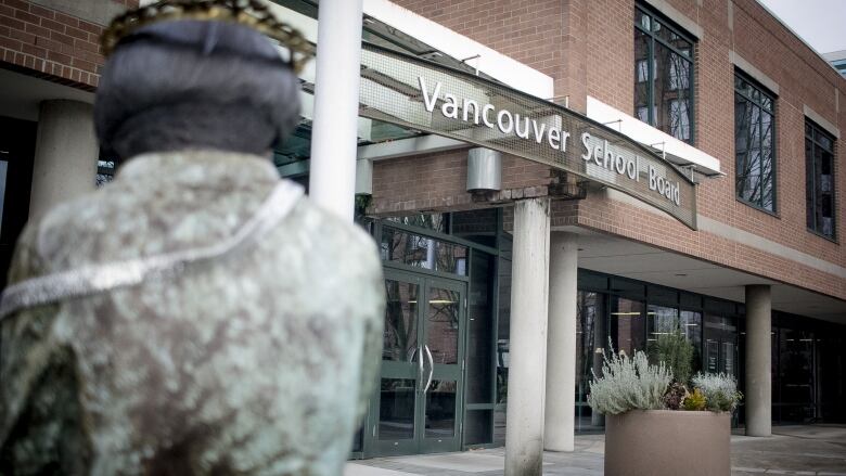 A brown building with the signage 'Vancouver School Board' clearly visible.