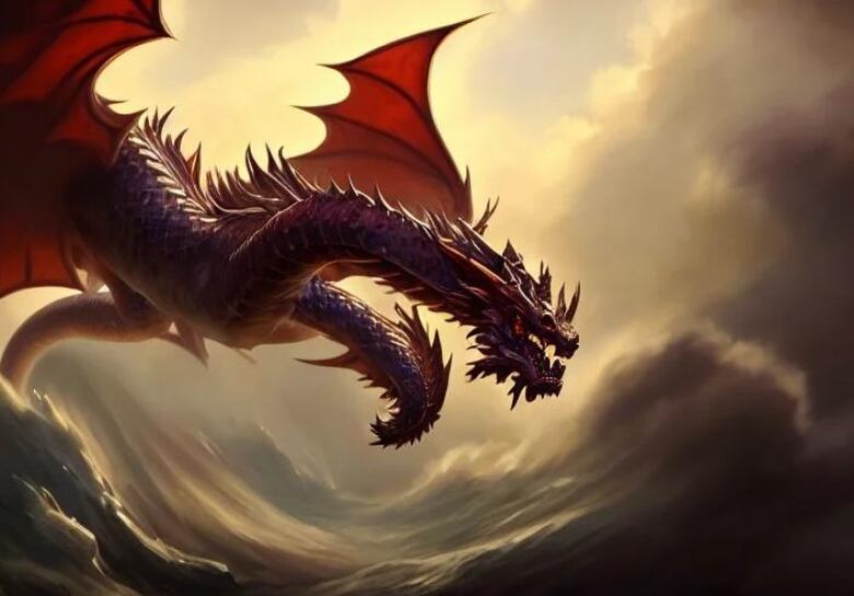 An illustration of a red dragon flying among the clouds. 