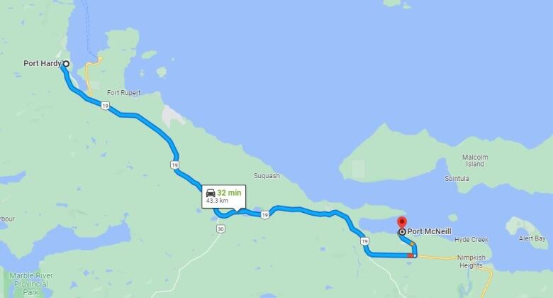 The image is a screenshot of a Google Map, showing that it takes approximately 30 minutes to drive between Port McNeill and Port Hardy. 