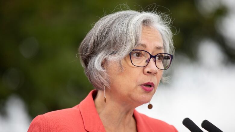 Jennifer Whiteside, a white woman with short grey hair, speaks at a podium.