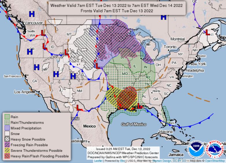 A weather map of the continental U.S. shows a massive storm blowing across the country.