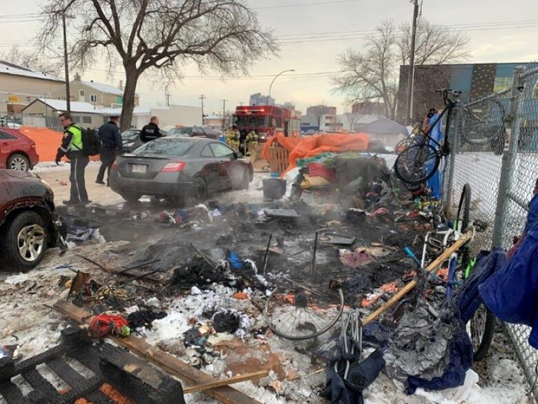 Edmonton police distributed this photograph Thursday showing the aftermath of an encampment fire at 105A Avenue and 96th Street on Dec. 13.