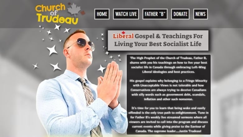 A man wearing a shirt, tie, and sunglasses holds his hands in a prayer position on a political website mocking Prime Minister Justin Trudeau.