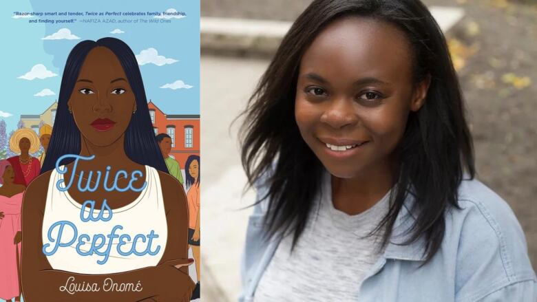 A composite photo of a book cover featuring a young Black woman with long straight hair facing the reader and the book's author, a young smiling woman.