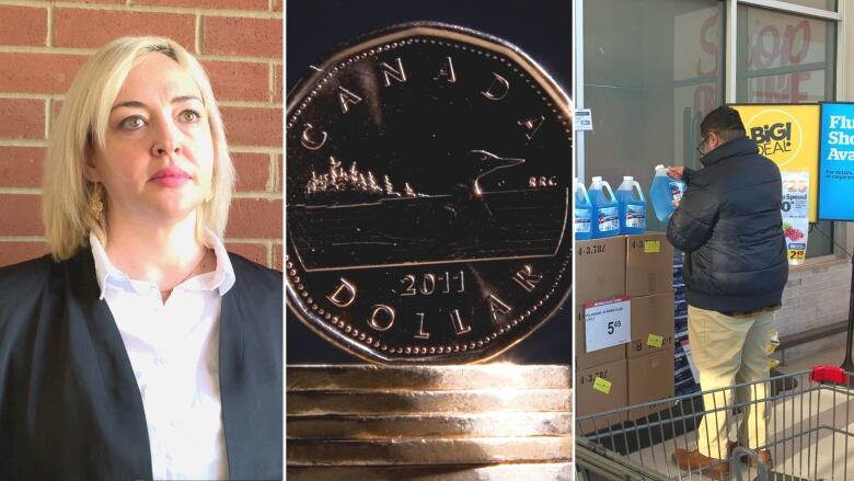 A collage of three images. In the left image, a woman wears a black blazer. In the middle image, many Canadian dollars are pictured. At right, a man looks at a product in a grocery store.