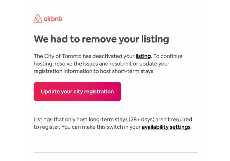 An example of the message hosts are receiving when the city removes an Airbnb listing.