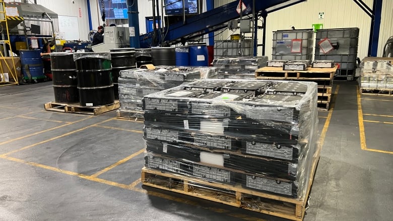 EV batteries waiting to be recycled at the Li-Cycle plant in Kingston, Ont. 