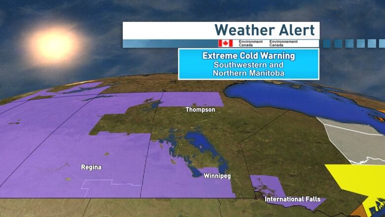 A weather alert map shows areas highlighted in purple.