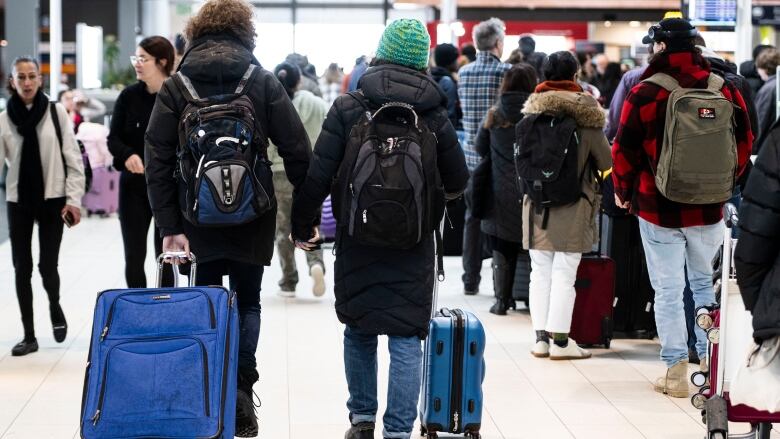 People with luggage walk at airport.