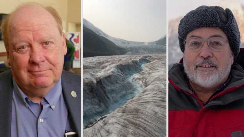 A three part image with a man wearing a blue suit on the left, a glacier in the middle, and a man with a white beard, glasses, and a winter hat on the right