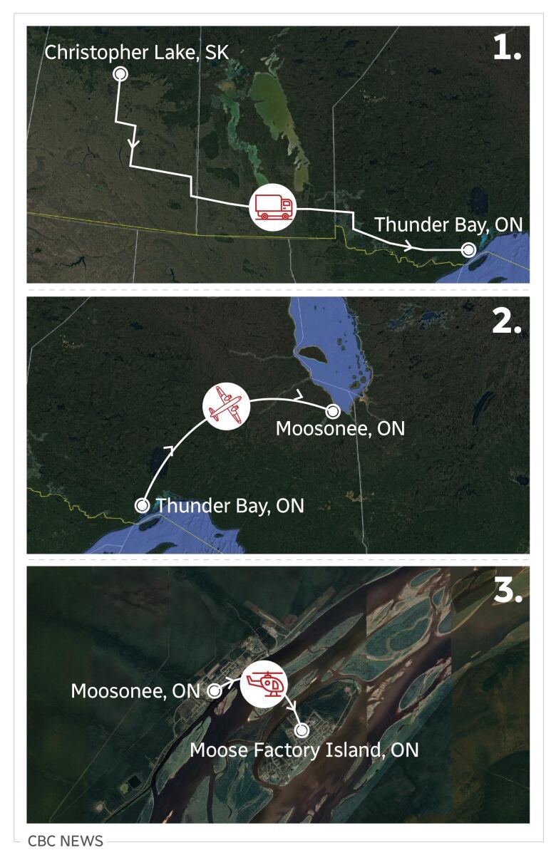 Three maps show the journey of Phoebe's shipment. Each leg of the trip has its own map, graphics of planes or trucks linking locations.